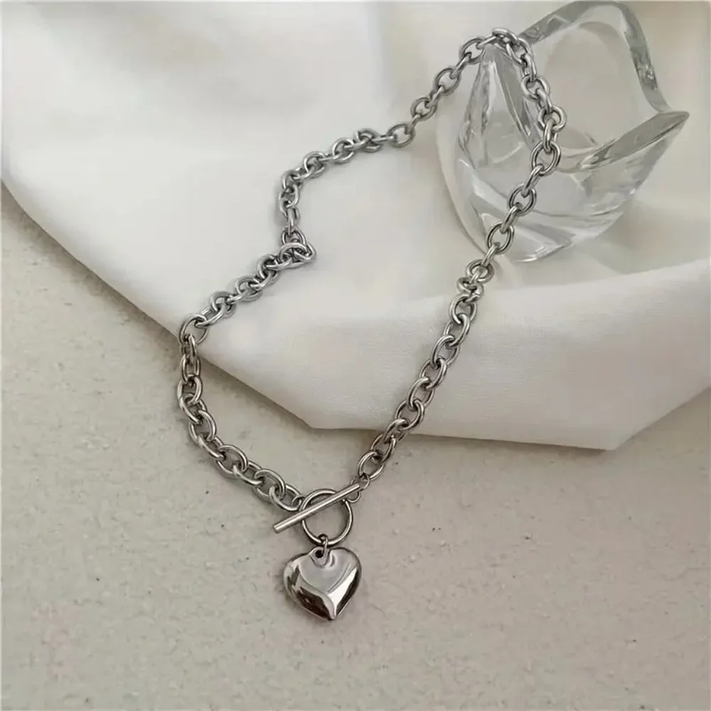 💕 2pc Heart Charm Necklace & Bracelet Set Silver Tone Chain Mother’s Day Gift - Picture 4 of 8